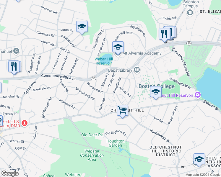 map of restaurants, bars, coffee shops, grocery stores, and more near 127 Hammond Street in Newton