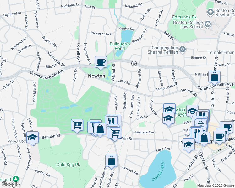 map of restaurants, bars, coffee shops, grocery stores, and more near 28 Judith Road in Newton