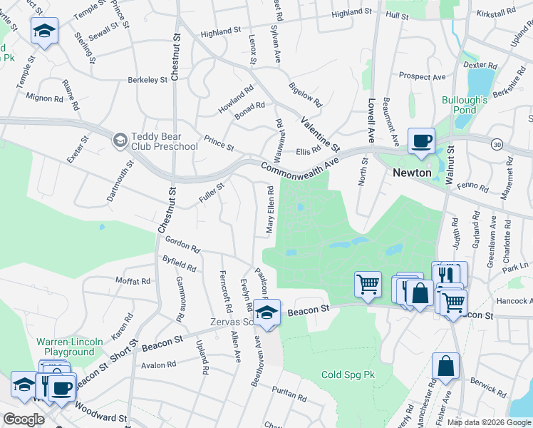 map of restaurants, bars, coffee shops, grocery stores, and more near 119 Evelyn Road in Newton