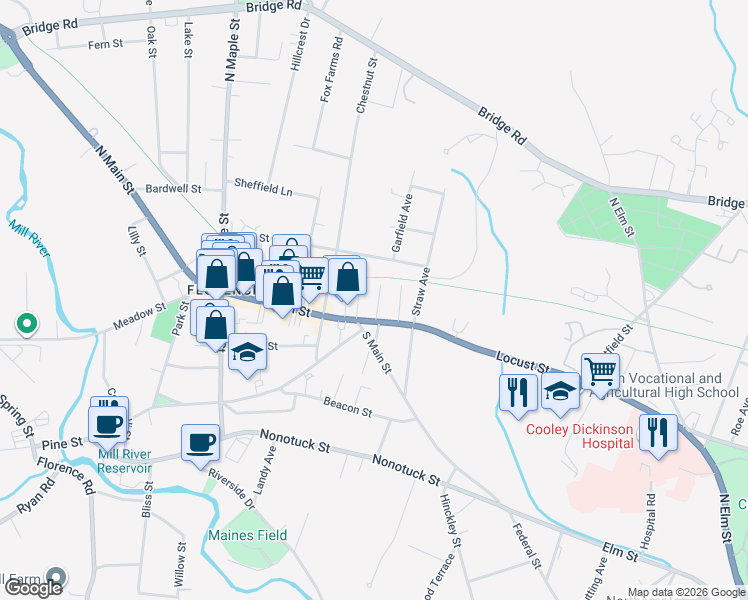 map of restaurants, bars, coffee shops, grocery stores, and more near 321 Locust Street in Northampton