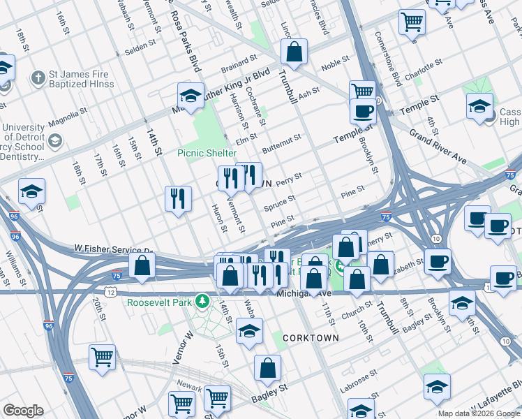 map of restaurants, bars, coffee shops, grocery stores, and more near 2628 Vermont Street in Detroit