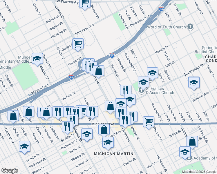 map of restaurants, bars, coffee shops, grocery stores, and more near 4656 Livernois in Detroit