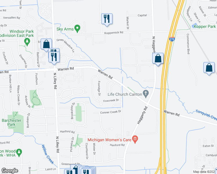 map of restaurants, bars, coffee shops, grocery stores, and more near 7042 Copper Creek Circle in Canton