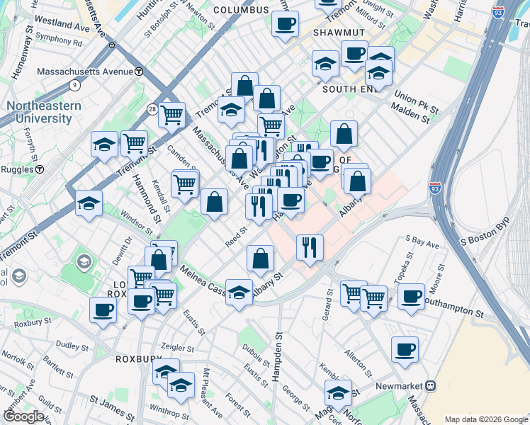 map of restaurants, bars, coffee shops, grocery stores, and more near 62-64 Northampton Street in Boston
