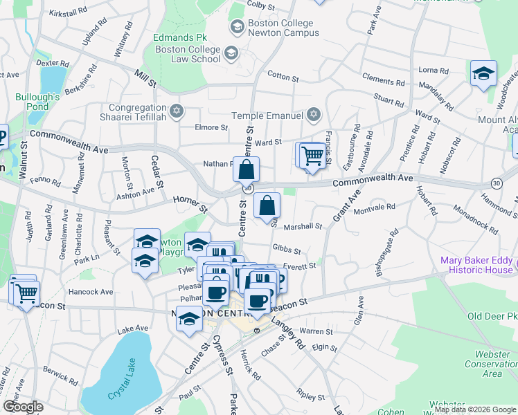map of restaurants, bars, coffee shops, grocery stores, and more near 1106 Centre Street in Newton