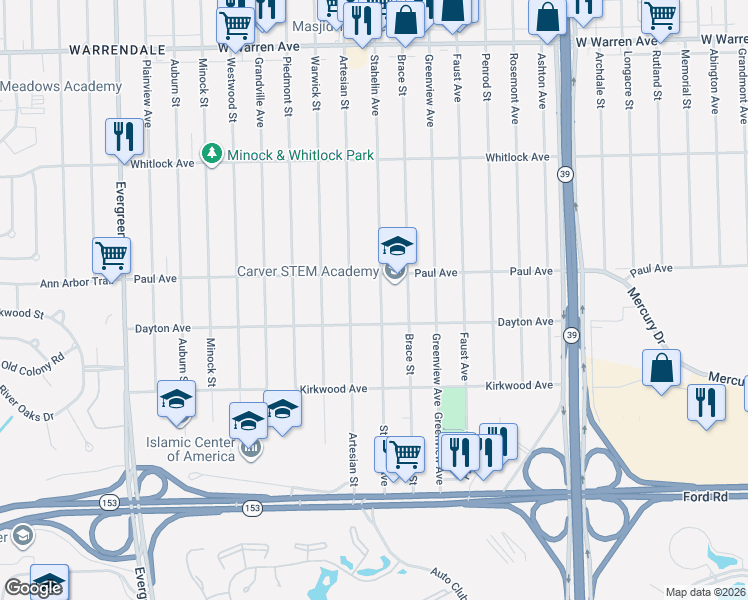 map of restaurants, bars, coffee shops, grocery stores, and more near 6197 Stahelin Avenue in Detroit