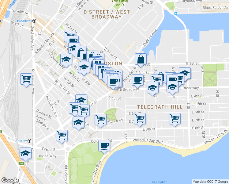 map of restaurants, bars, coffee shops, grocery stores, and more near 102 Dorchester Street in Boston