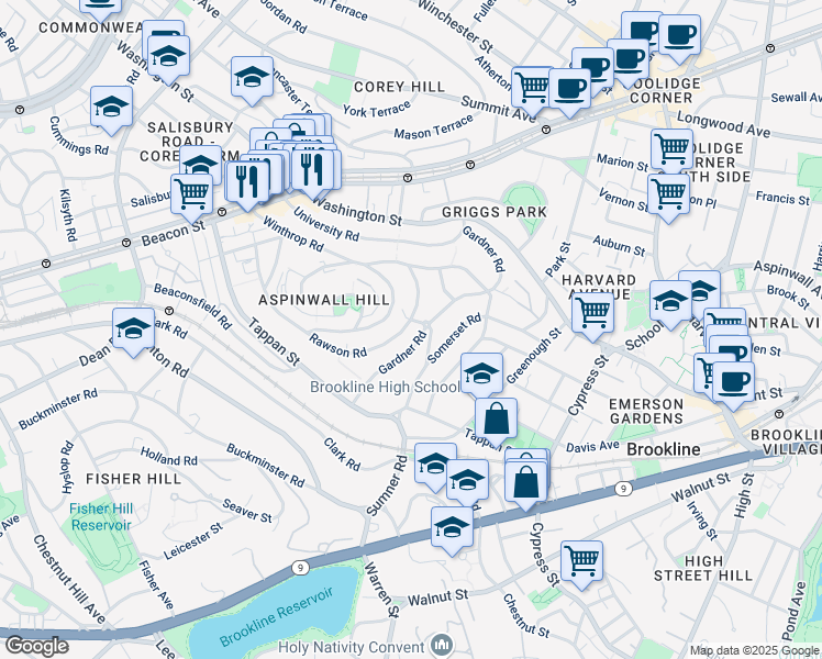 map of restaurants, bars, coffee shops, grocery stores, and more near 171 Gardner Road in Brookline