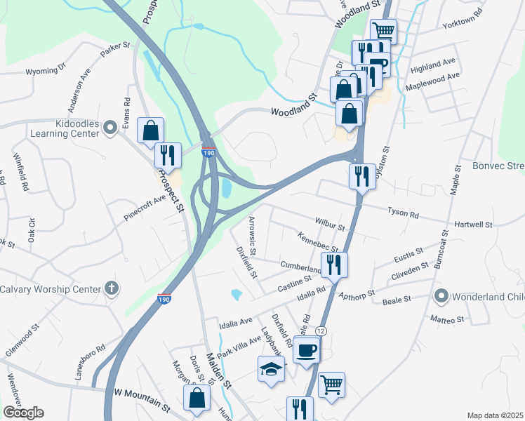 map of restaurants, bars, coffee shops, grocery stores, and more near 10B Orono Street in Worcester