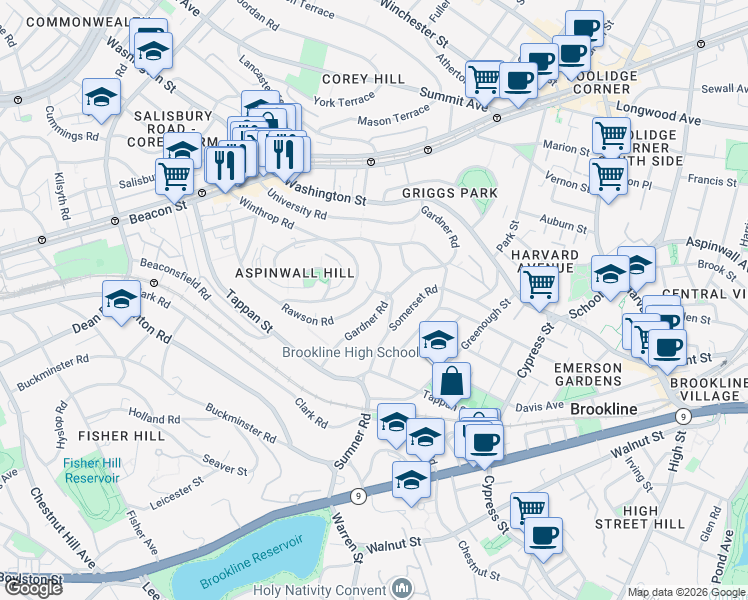 map of restaurants, bars, coffee shops, grocery stores, and more near 171 Gardner Road in Brookline