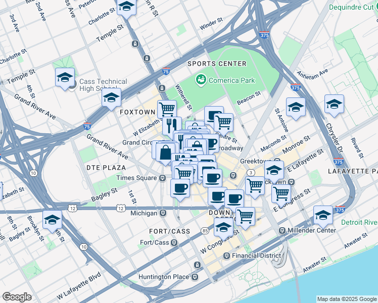 map of restaurants, bars, coffee shops, grocery stores, and more near 1523 Woodward Avenue in Detroit