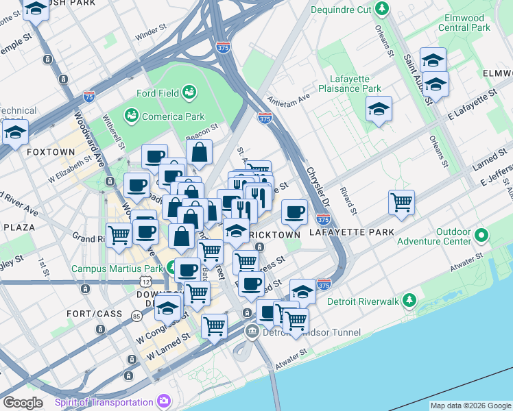 map of restaurants, bars, coffee shops, grocery stores, and more near 3411 East Lafayette Street in Detroit