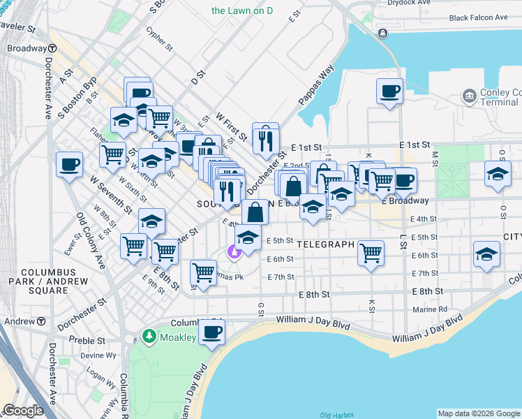 map of restaurants, bars, coffee shops, grocery stores, and more near 43 G Street in Boston