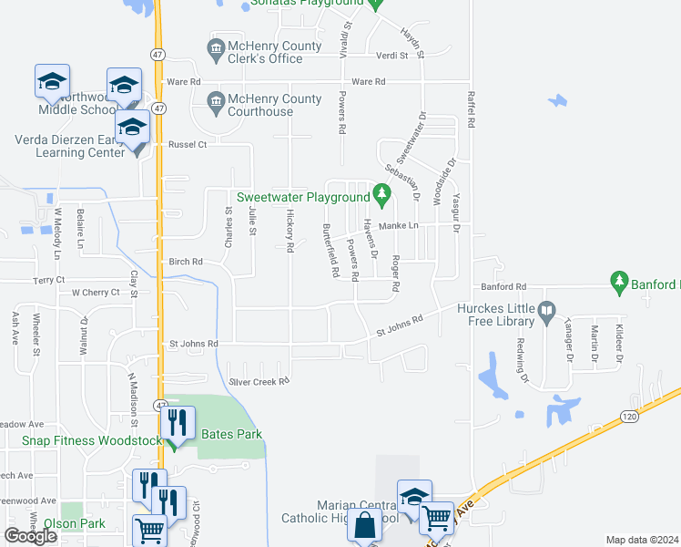 map of restaurants, bars, coffee shops, grocery stores, and more near 1706 Butterfield Road in Woodstock