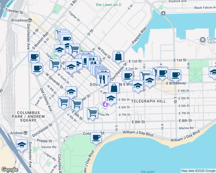 map of restaurants, bars, coffee shops, grocery stores, and more near 489 East Broadway in Boston