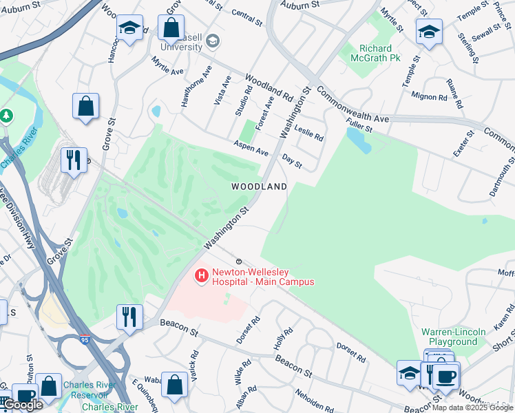 map of restaurants, bars, coffee shops, grocery stores, and more near 1874 Washington Street in Newton