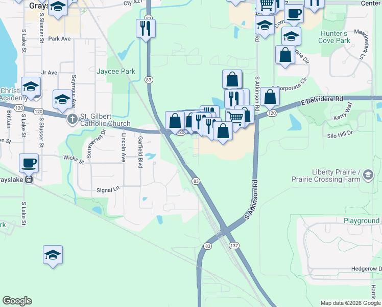 map of restaurants, bars, coffee shops, grocery stores, and more near 350 Ivanhoe Road in Grayslake