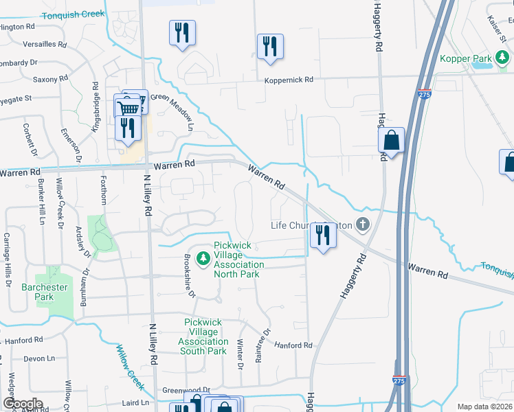 map of restaurants, bars, coffee shops, grocery stores, and more near 7096 Foxridge Drive in Canton