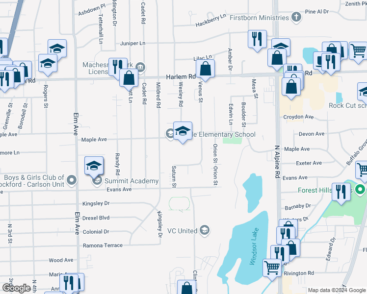 map of restaurants, bars, coffee shops, grocery stores, and more near 1405 Maple Avenue in Loves Park