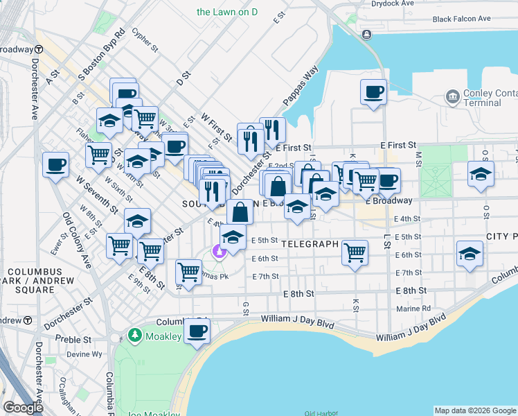 map of restaurants, bars, coffee shops, grocery stores, and more near 433 East 3rd Street in Boston