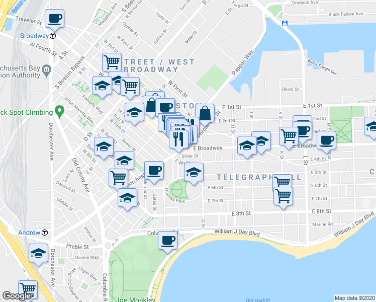 map of restaurants, bars, coffee shops, grocery stores, and more near in Boston