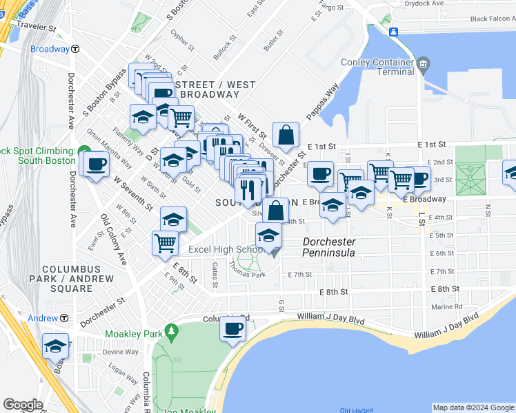 map of restaurants, bars, coffee shops, grocery stores, and more near in Boston