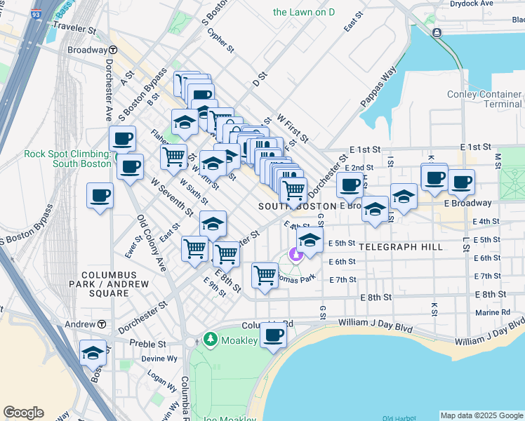 map of restaurants, bars, coffee shops, grocery stores, and more near 293 Silver Street in Boston