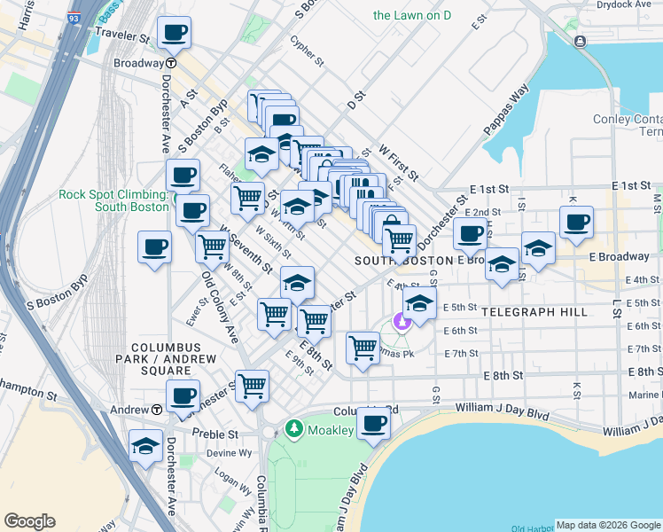 map of restaurants, bars, coffee shops, grocery stores, and more near 104 F Street in Boston
