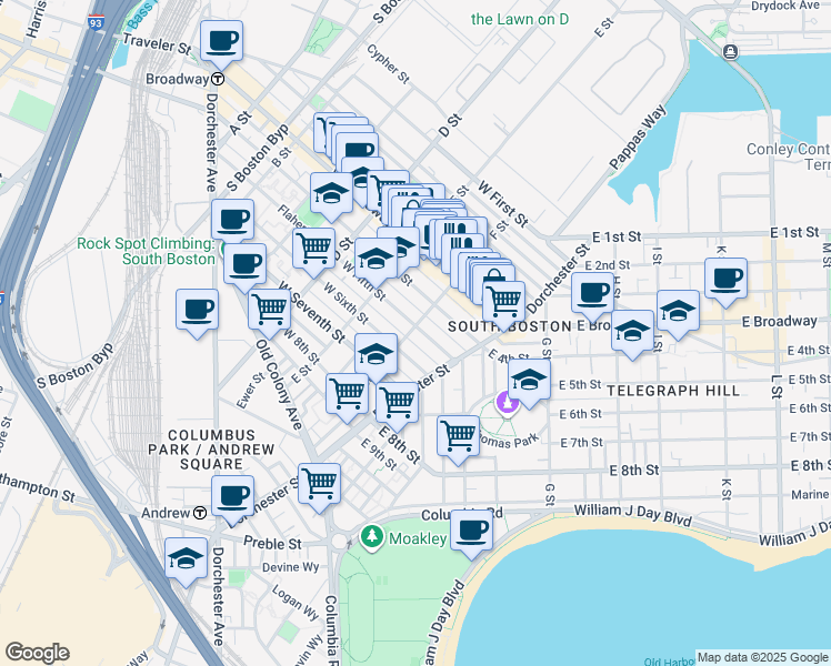 map of restaurants, bars, coffee shops, grocery stores, and more near 104 F Street in Boston