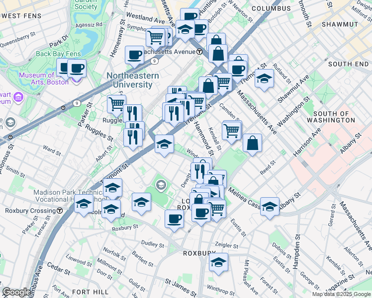 map of restaurants, bars, coffee shops, grocery stores, and more near 49 Warwick Street in Boston