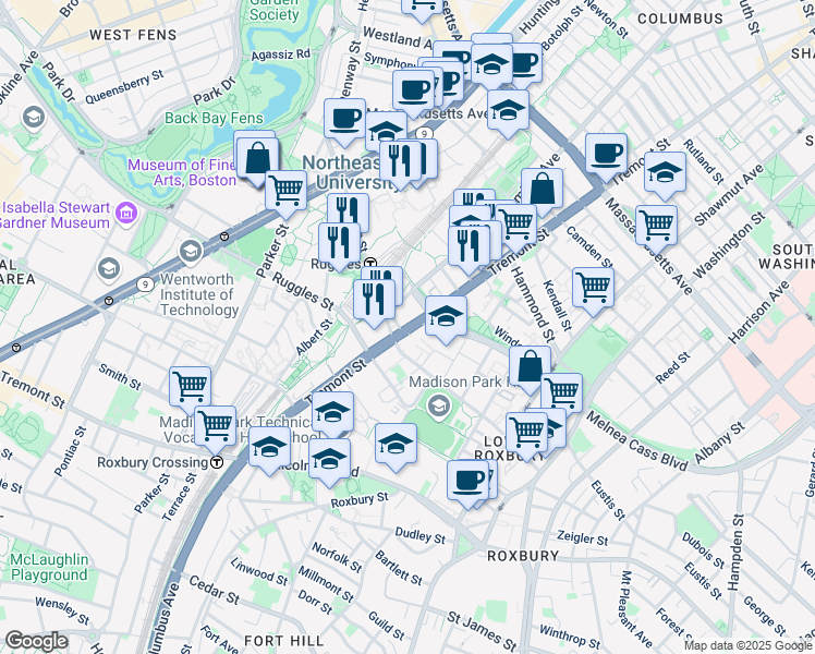 map of restaurants, bars, coffee shops, grocery stores, and more near 840 Columbus Avenue in Boston