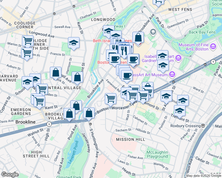 map of restaurants, bars, coffee shops, grocery stores, and more near 80 Fenwood Road in Boston