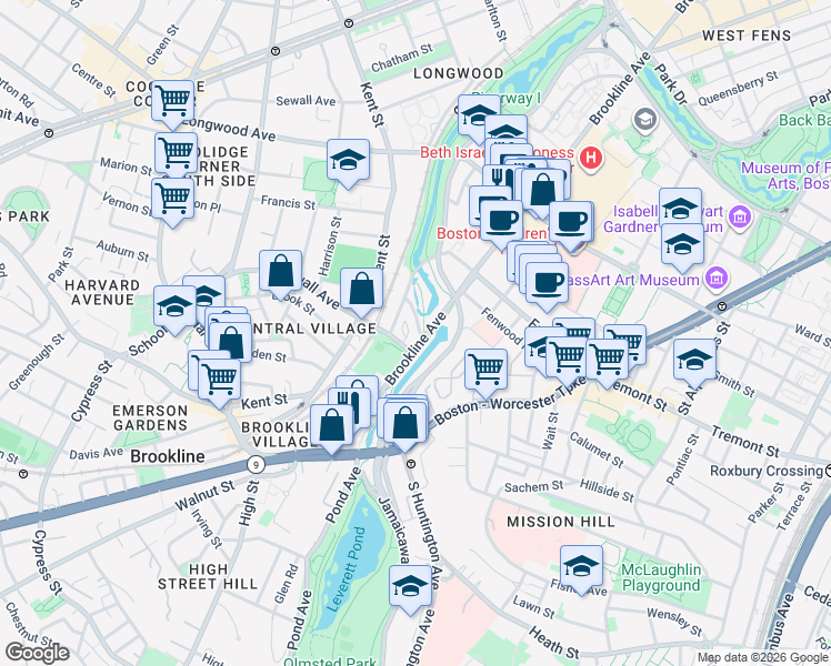 map of restaurants, bars, coffee shops, grocery stores, and more near 23 Netherlands Road in Brookline