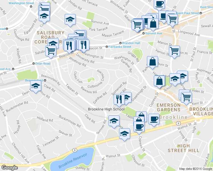 map of restaurants, bars, coffee shops, grocery stores, and more near 36 Colbourne Crescent in Brookline