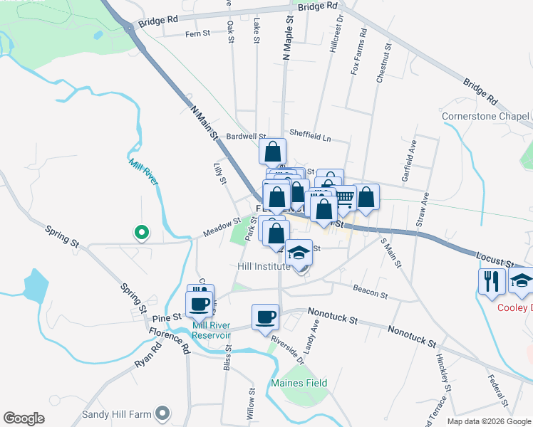 map of restaurants, bars, coffee shops, grocery stores, and more near 90 Park Street in Northampton