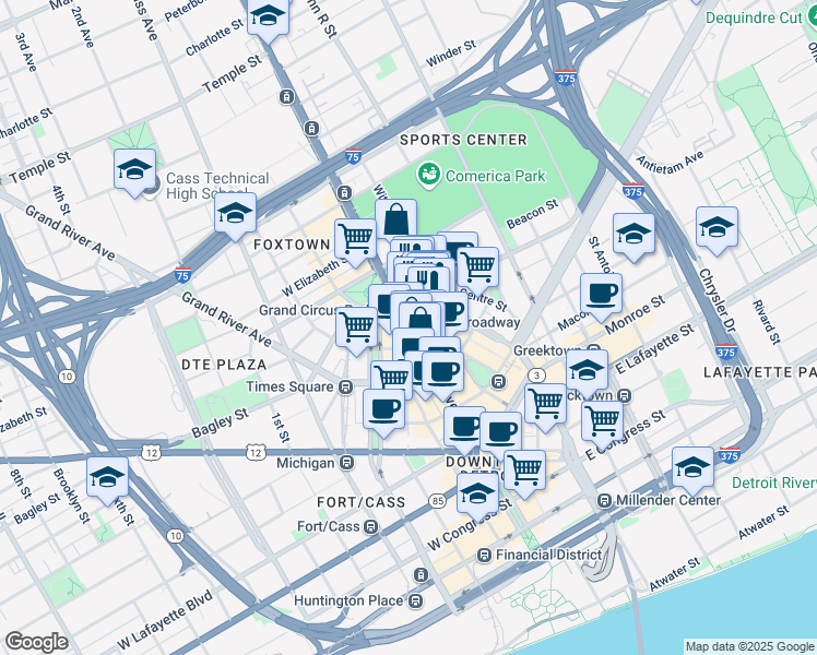 map of restaurants, bars, coffee shops, grocery stores, and more near 1545 Broadway Street in Detroit