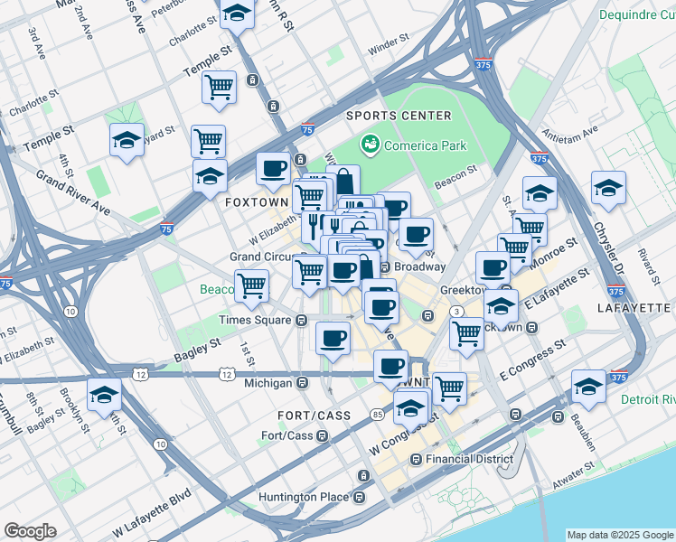 map of restaurants, bars, coffee shops, grocery stores, and more near 1601 Woodward Avenue in Detroit