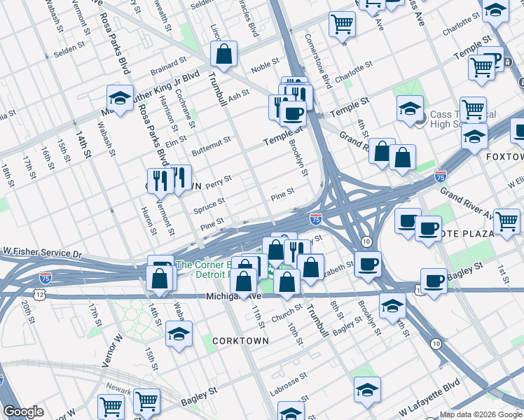 map of restaurants, bars, coffee shops, grocery stores, and more near 2629 Trumbull in Detroit