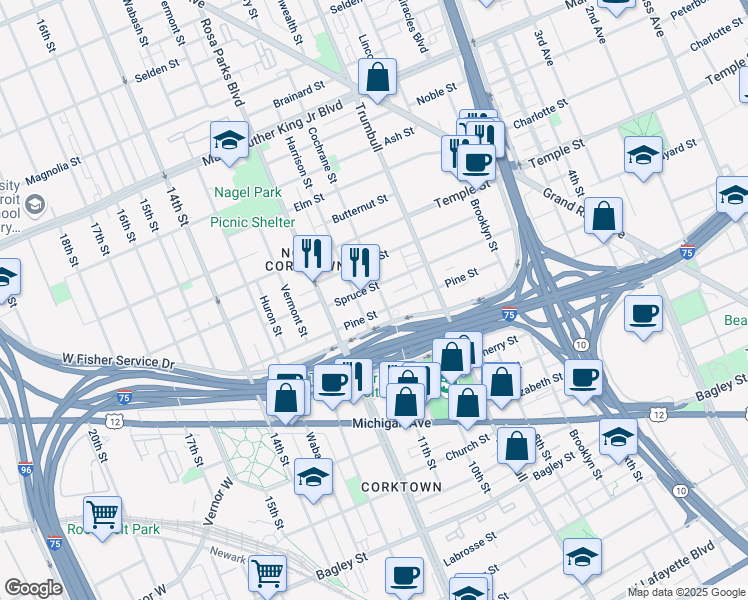 map of restaurants, bars, coffee shops, grocery stores, and more near 2702 Cochrane Street in Detroit