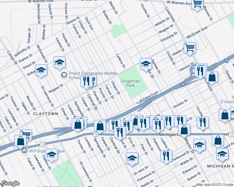 map of restaurants, bars, coffee shops, grocery stores, and more near 5435 Cecil Avenue in Detroit