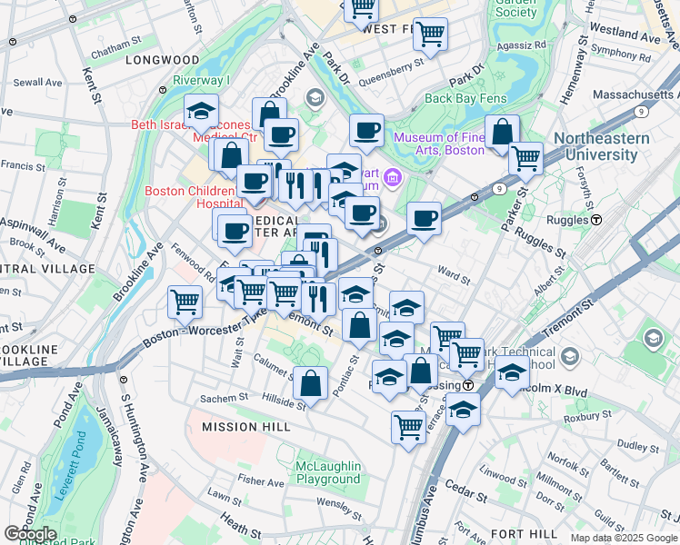 map of restaurants, bars, coffee shops, grocery stores, and more near Huntington Ave & Worthington St in Boston