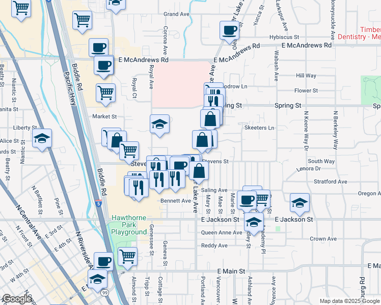 map of restaurants, bars, coffee shops, grocery stores, and more near 649 Crater Lake Avenue in Medford