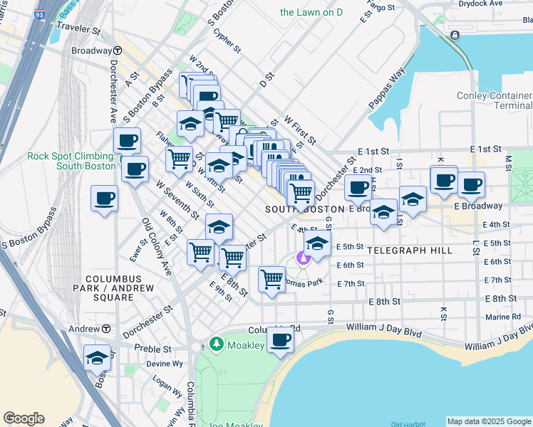 map of restaurants, bars, coffee shops, grocery stores, and more near 293 Silver Street in Boston