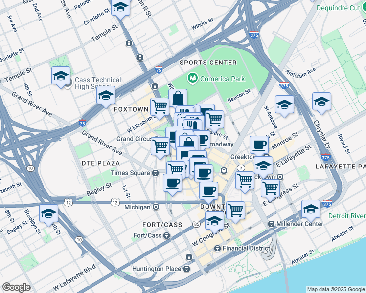 map of restaurants, bars, coffee shops, grocery stores, and more near 1523 Woodward Avenue in Detroit