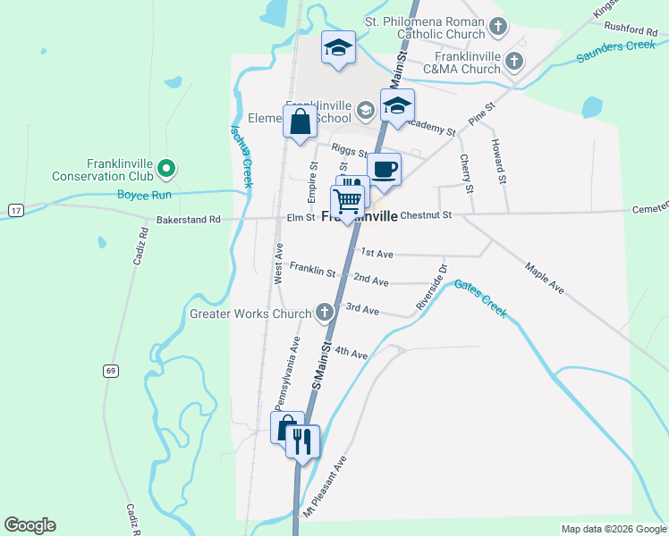map of restaurants, bars, coffee shops, grocery stores, and more near 25 South Main Street in Franklinville