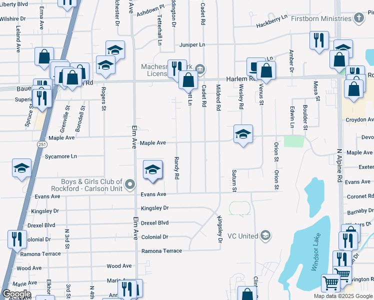 map of restaurants, bars, coffee shops, grocery stores, and more near 7608 Scott Lane in Machesney Park