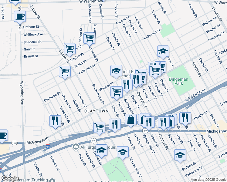 map of restaurants, bars, coffee shops, grocery stores, and more near 5602 Lumley Street in Detroit