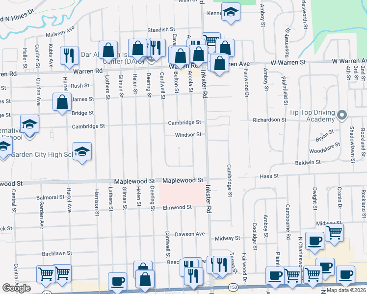 map of restaurants, bars, coffee shops, grocery stores, and more near 27601 Windsor Street in Garden City