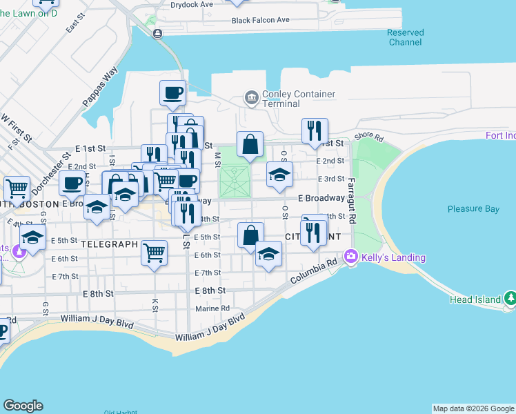 map of restaurants, bars, coffee shops, grocery stores, and more near 92 N Street in Boston