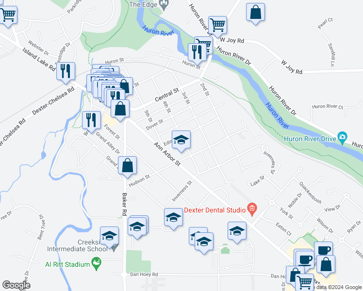 map of restaurants, bars, coffee shops, grocery stores, and more near 7765 4th Street in Dexter